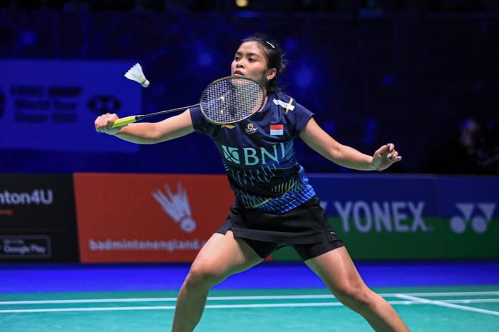 Pebulu tangkis tunggal putri Indonesia, Gregoria Mariska Tunjung, pada pertandingan perempat final All England Open 2023 di Utilita Arena, Birmingham, Inggris, Kamis (17/3/2023).