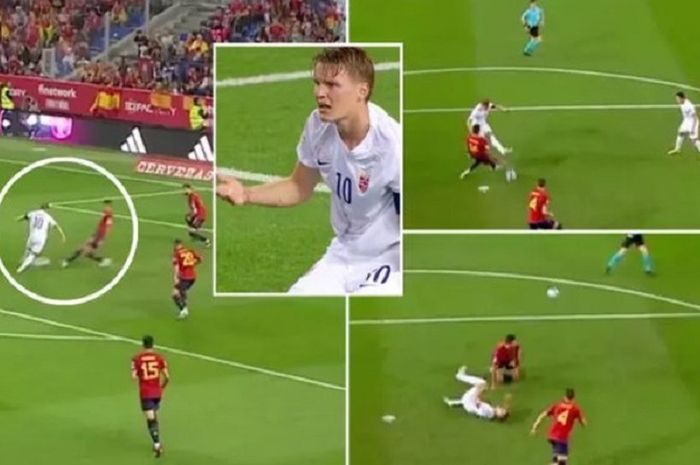 Martin Odegaard mendapat tekel horor dari Rodri dalam laga Spanyol vs Norwegia, Minggu (26/3/2023) dini hari WIB