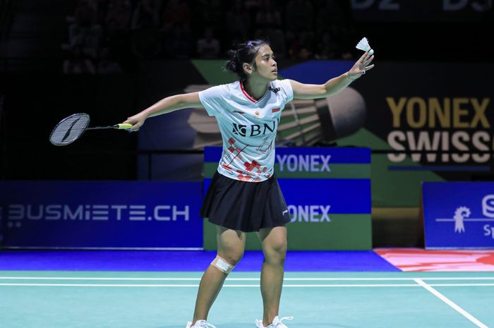 Tunggal putri Indonesia, Gregoria Mariska Tunjung saat beraksi di semifinal Swiss Open 2023, di St. Jakobshalle, Basel, Swiss, Sabtu (25/3/2023).