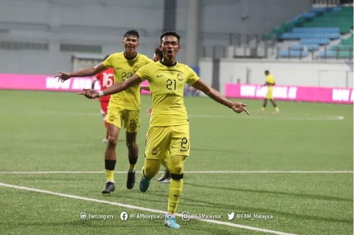 Pemain Timnas U-22 Malaysia, Safwan Mazlan, merayakan gol ke gawang Timnas U-22 Hong Kong di laga final Merlion Cup 2023, Minggu (26/3/2023).