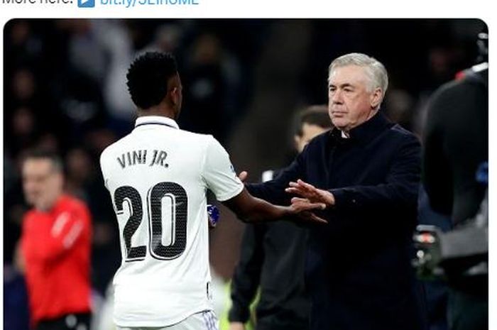 Pelatih Real Madrid, Carlo Ancelotti, bersama Vinicius Junior