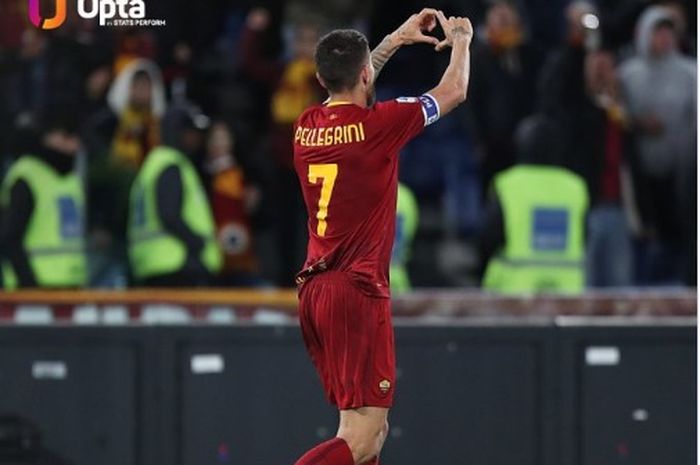 Pemain AS Roma,  Lorenzo Pellegrini, merayakan golnya ke gawang Udinese pada laga pekan ke-30 Liga Italia 2022-2023, Senin (17/4/2023)