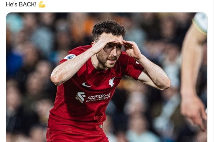 Diogo Jota mencetak gol pertamanya untuk Liverpool dalam 372 hari saat menghadapi Leeds United di pekan 31 Liga Inggris (17/4/2023).