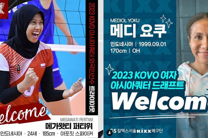 Kolase pengumuman resmi perekrutan pebola voli putri Indonesia, Megawati Hangestri Pertiwi (kiri) dan Mediol Stiovanny Yoku (kanan), oleh klub Korea Selatan setelah KOVO Draft 2023. 