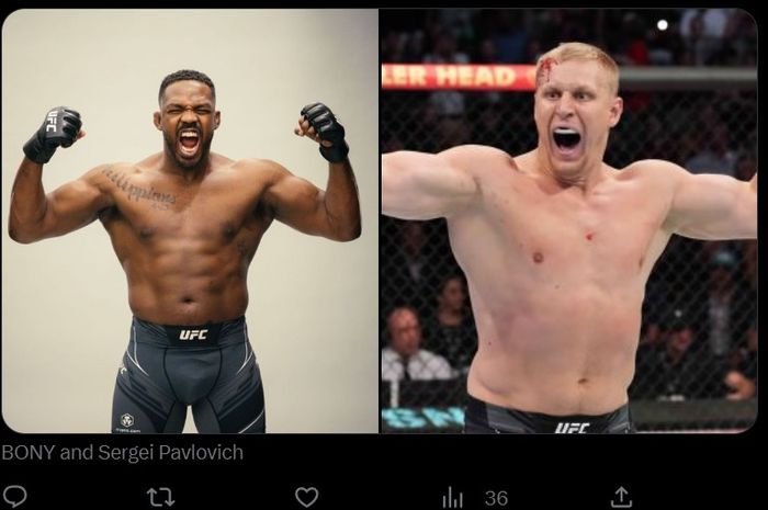 Montase dua petarung top kelas berat UFC, Jon Jones (kiri) dan Sergei Pavlovich (kanan)