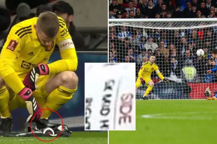 David de Gea memiliki contekan dalam botol minumnya saat Man United adu penalti lawan Brighton di semifinal Piala FA, Minggu (23/4/2023).