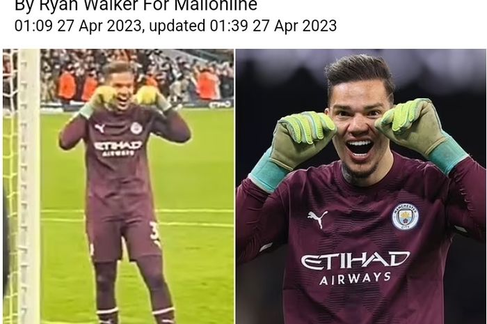 Kiper Manchester City, Ederson Moraes, menimpa luka fan Arsenal dengan ejekan pada laga lanjutan Liga Inggris di Stadion Etihad, Rabu (26/4/2023).