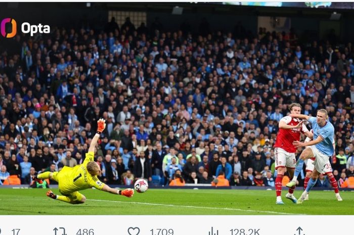 Erling Haaland mencetak gol dalam laga Manchester City vs Arsenal di Liga Inggris, Rabu (26/4/2023) di Stadion Etihad.