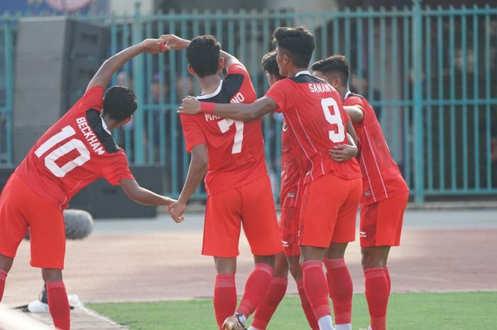 Selebrasi Marselino Ferdinan usai cetak gol pertama timnas U-22 Indonesia atas Filipina dalam kemenangan 3-0 di fase grup SEA Games 2023