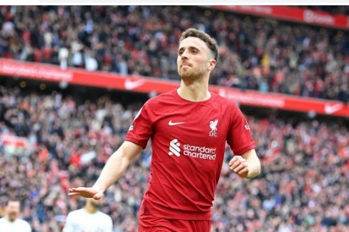 Selebrasi Diogo Jota usai mencetak gol kemenangan Liverpool atas Tottenham Hotspur di Liga Inggris.