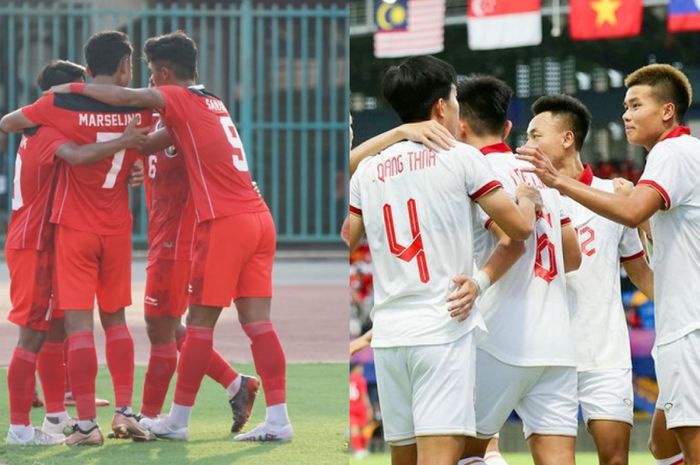 Kolase foto timnas Indonesia dan Vietnam di SEA Games 2023.