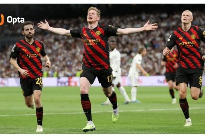 Pemain Manchester City, Kevin De Bruyne (tengah), melakukan selebrasi setelah menjebol gawang Real Madrid pada laga leg pertama babak semifinal Liga Champions 2022-2023 di Santiago Bernabue, Rabu (10/5/2023)