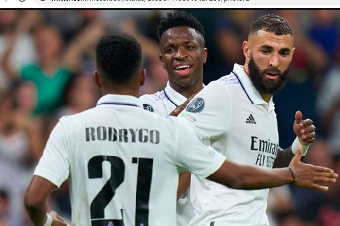 Tiga penyerang Real Madrid, Karim Benzema, Vinicius Junior, dan Rodrygo.