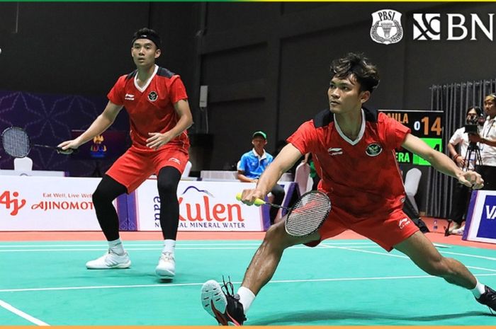 Ganda putra Indonesia, Muhammad Shohibul Fikri/Bagas Maulana berlaga di semifinal SEA Games 2023 di Badminton Hall Morodok Techo, Phnom Penh, Kamboja, Senin (15/5/2023).