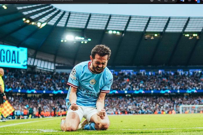 Bernardo Silva merayakan gol untuk Manchester City ke gawang Real Madrid dalam laga leg 2 babak semifinal Liga Champions 2022-2023 di Etihad Stadium, Rabu (17/5/2023).