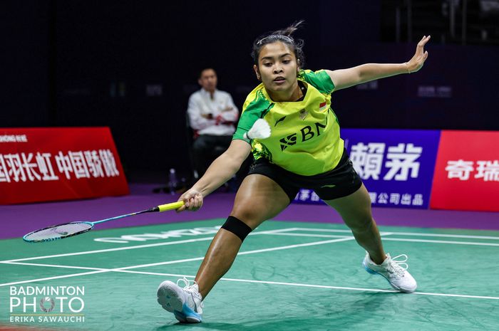 Pebulu tangkis tunggal putri Indonesia, Gregoria Mariska Tunjung, saat turun pada partai ketiga Indonesia vs Jerman pada babak perempat final Sudirman Cup 2023 di Suzhou Olympic Sport Centre, China, Jumat, 19 Mei 2023