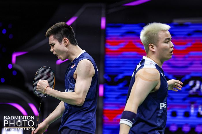 Ganda putra Malaysia, Aaron Chia/Soh Wooi Yik saat tampil di semifinal Sudirmnan Cup 2023 melawan wakil Korea Selatan, di Suzhou Olympic Sports Center, Sabtu (20/5/2023). 