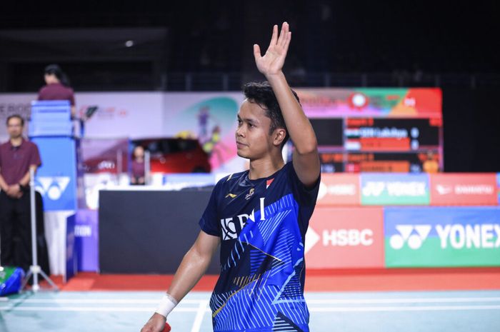 pebulu tangkis tunggal putra Indonesia, Anthony Sinisuka Ginting, saat bertanding pada Malaysia Masters 2023 di Axiata Arena, Kuala Lumpur, Malaysia, Rabu, 24 Mei 2023