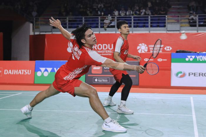 Pasangan ganda putra, Leo Rolly Carnando/Daniel Marthin, pada babak perempat final Malaysia Masters 2023 di Axiata Arena, Kuala Lumpur, Jumat, 26 Mei 2023