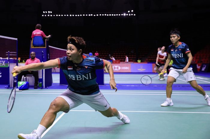 Ganda putri Indonesia, Apriyani Rahayu/Siti Fadia Silva Ramadhanti, ketika tampil pada babak pertama Thailand Open 2023 di Indoor Stadium Huamark, Bangkok, Thailand, 31 Mei 2023.