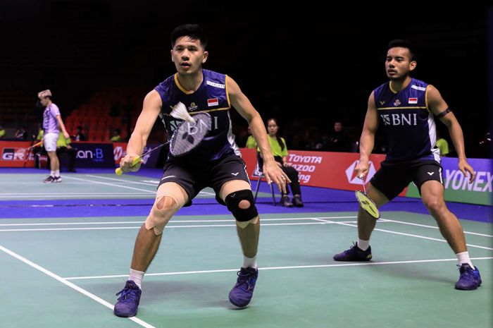 Pasangan ganda putra Indonesia, Pramudya Kusumawardana/Yeremia Erich Yoche Yacob Rambitan, pada babak kedua Thailand Open 2023 di Indoor Stadium Huamark, Bangkok, Kamis (1/6/2023).