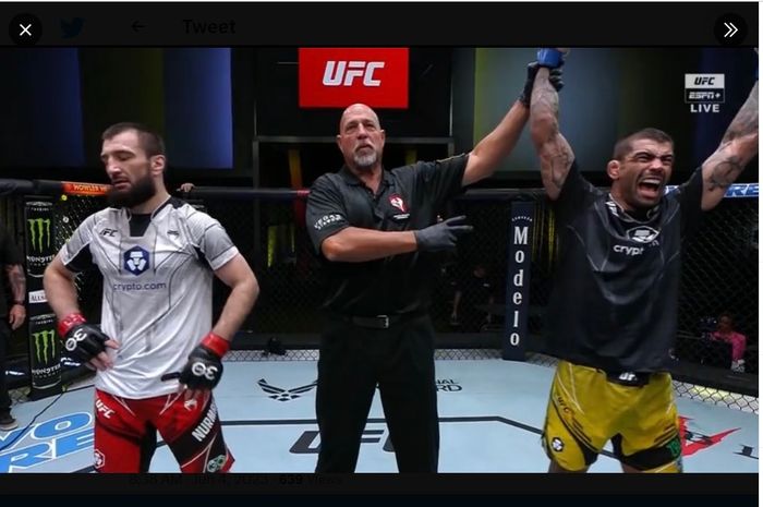 Saudara seperguruan Khabib Nurmagomedov yang paling badung, Abubakar Nurmagomedov dinyatakan kalah angka tipis dari Elizeu Zaleski dos Santos pada UFC Vegas 74.