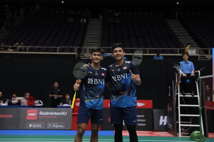 Ganda putra Indonesia, Muhammad Shohibul Fikri/Bagas Maulana, sukses memenangi babak pertama Singapore Open 2023 di Singapore Indoor Stadium, Kallang, Singapura, 7 Juni 2023.