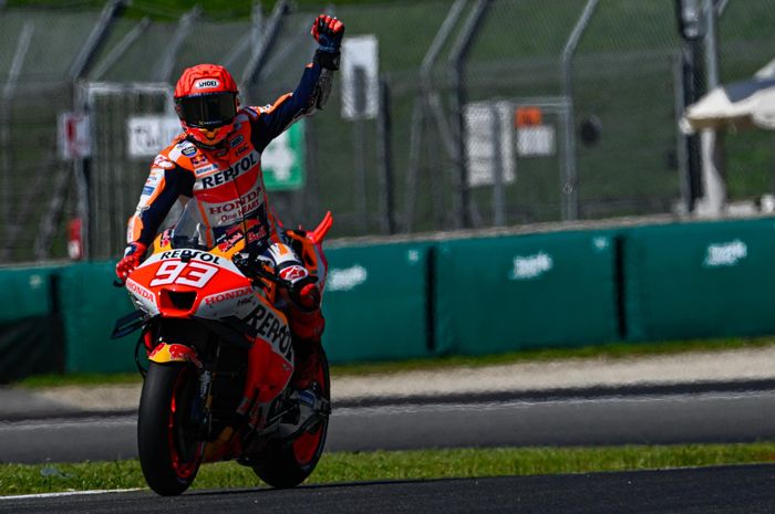 Pembalap Repsol Honda, Marc Marquez, pada hari pertama seri balap MotoGP Italia 2023 di Sirkuit Mugello, Jumat (9/6/2023).