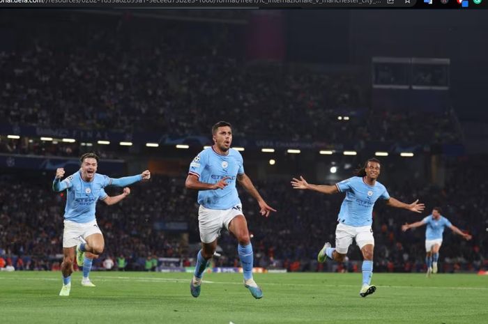 Gelandang Manchester City, Rodri, merayakan gol ke gawang Inter Milan dalam laga final Liga Champions 2022-2023 di Stadion Olimpiade Ataturk, Sabtu (10/6/2023).