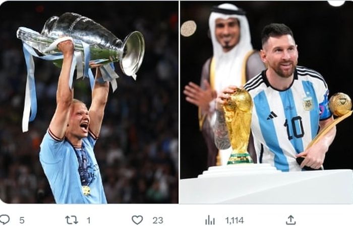 Ada 4 alasan yang membuat Lionel Messi (kanan) lebih pantas meraih gelar Ballon d'Or 2023 daripada bomber Manchester City, Erling Haaland (kiri)