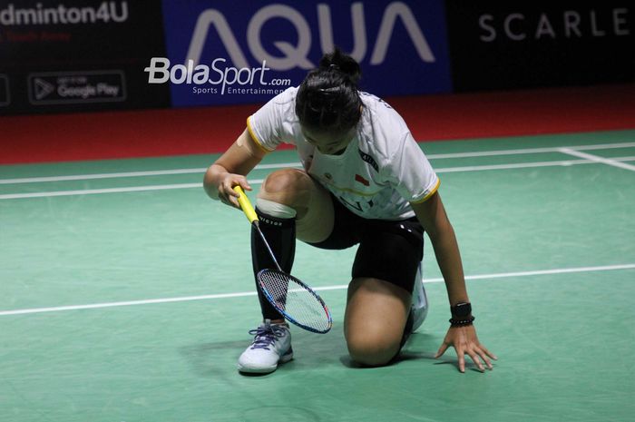 Tunggal putri Indonesia, Putri Kusuma Wardani, saat tampil pada babak kedua Indonesia Open 2023 di Istora Gelora Bung Karno, Senayan, Jakarta, 15 Juni 2023.