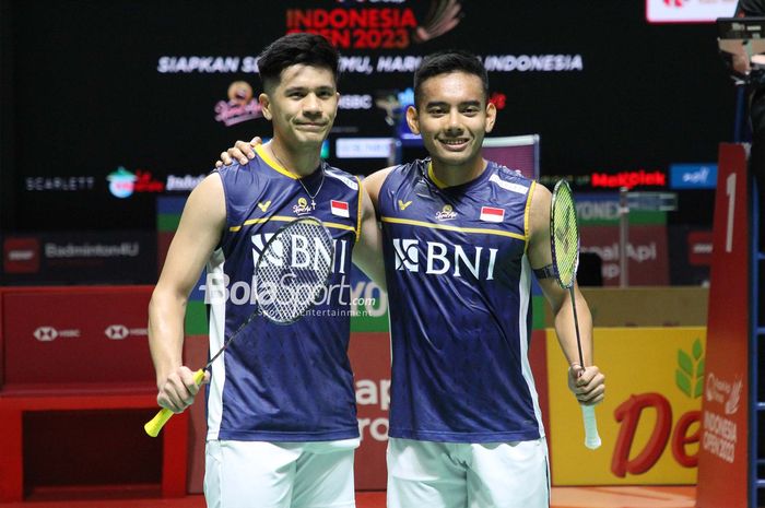 Pasangan ganda putra Indonesia, Pramudya Kusumawardana/Yeremia Erich , saat tampil pada Indonesia Open 2023 di Istora Senayan, Jakarta, Kamis, 15 Juni 2023