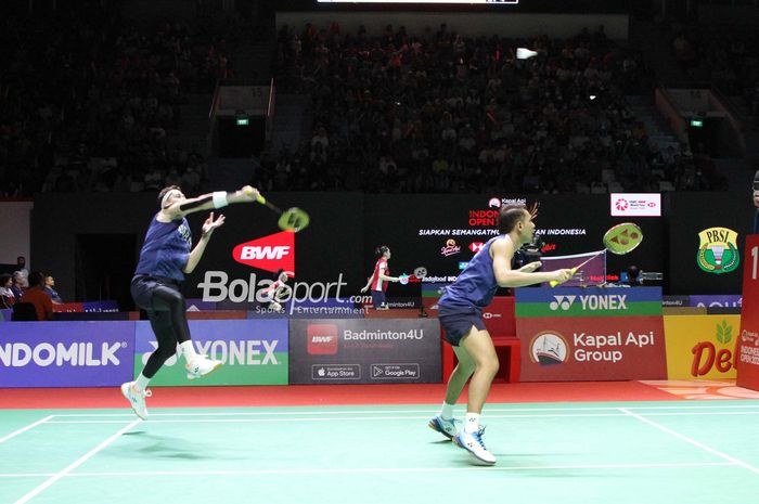 Pasangan ganda putra Indonesia,  Fajar ALFIAN/Muhammad Rian ARDIANTO, saat tampil pada Indonesia Open 2023 di Istora Senayan, Jakarta, Jumat , 16 Juni 2023