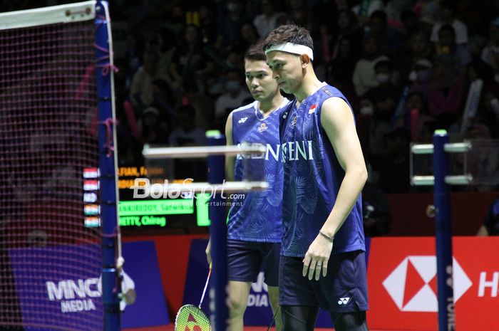 Pasangan ganda putra Indonesia,  Fajar ALFIAN/Muhammad Rian ARDIANTO, saat tampil pada Indonesia Open 2023 di Istora Senayan, Jakarta, Jumat , 16 Juni 2023