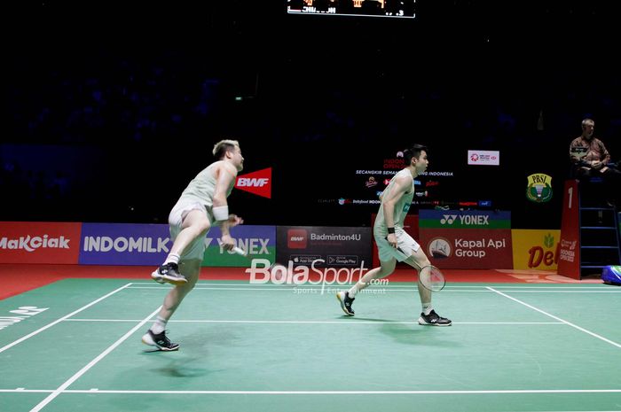 Pasangan ganda putra Malaysia, Aaron Chia/Soh Wooi Yik, saat tampil pada laga final Indonesia Open 2023 di Istora Senayan, Jakarta, Minggu, 18 Juni 2023