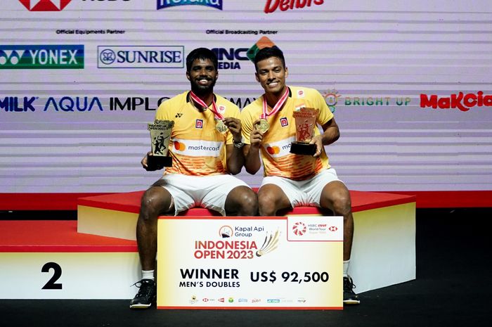 Ganda putra India, Satwiksairaj Rankireddy/Chirag Shetty menjuarai Indonesia Open 2023, Minggu (18/6/2023)