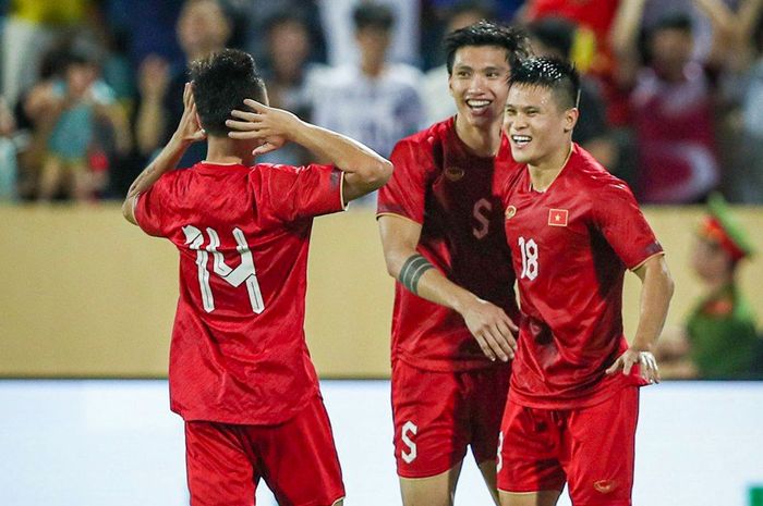 Pham Tuan Hai (nomor 18) mencetak gol kemenangan Timnas Vietnam atas Suriah di pertandingan FIFA Matchday Juni 2023.