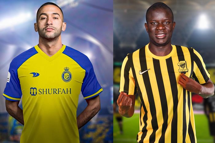 Hakim Ziyech (kiri) resmi bergabung ke Al Nassr, sementara N'Golo Kante (kanan) berlabuh dengan Al Ittihad.