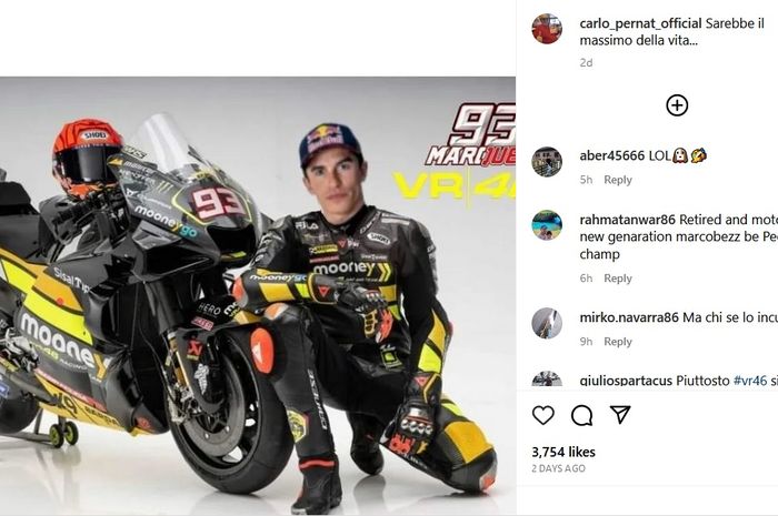 Foto rekayasa Marc Marquez dengan seragam tim Mooney VR46 yang dibagikan pengamat MotoGP, Carlo Pernat, di akun Instagramnya.