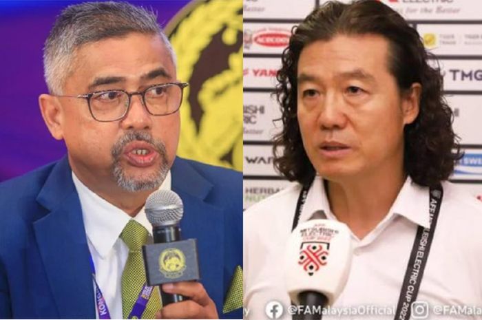 Sekjen Asosiasi Sepak Bola Malaysia Noor Azman Rahman (kiri) kaget karena Kim Pan-gon langsung menetapkan target tinggi di Piala Asia 2023.