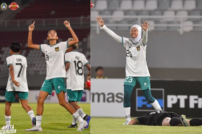 Dua bintang Timnas U-19 Wanita Indonesia, Claudia Scheunemann dan Ayunda Anggraini, selebrasi gol ke gawang Laos dalam Piala AFF U-19 Wanita 2023 di Palembang, Jumat (7/7/2023) malam.