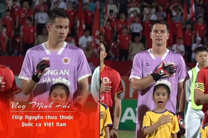 Calon kiper naturalisasi, Filip Nguyen, menjadi sorotan fans Vietnam saat menyanyikan lagu kebangsaan.