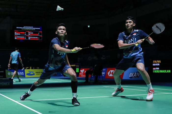 Pasangan ganda putra Indonesia, Muhammad Shohibul Fikri/Bagas Maulana, pada babak pertama Korea Open 2023 di Jinnam Stadium, Selasa (18/7/2023).