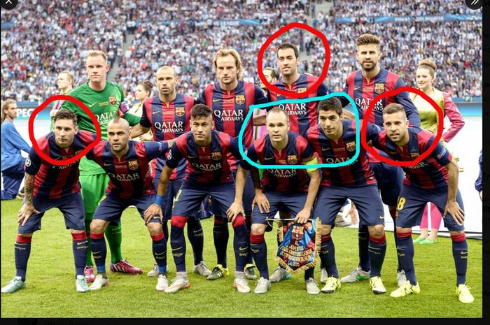 Lionel Messi, Sergio Busquets, dan Jordi Alba (lingkaran merah) mewujudkan reuni skuad mini Barcelona di Inter Miami. Berikutnya Luis Suarez dan Andres Iniesta (biru) menyusul?