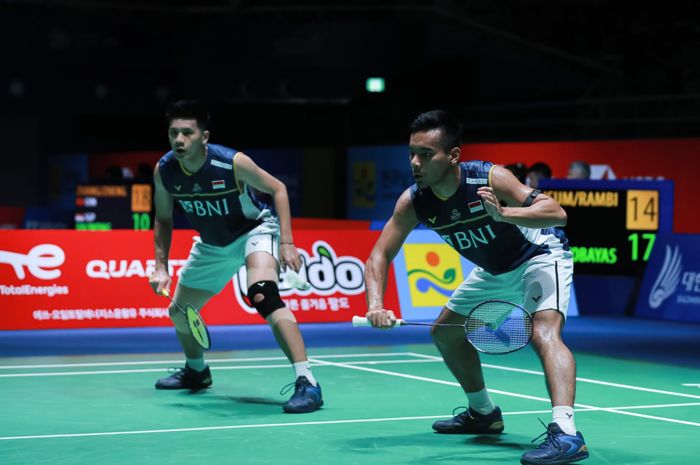 Pasangan ganda putra Indonesia, Pramudya Kusumawardana/Yeremia Erich Yoche Yacob Rambitan saat tampil di babak kedua Korea Open 2023, di Jinnam Stadium, Yeosu, Korea Selatan, Kamis (20/7/2023).