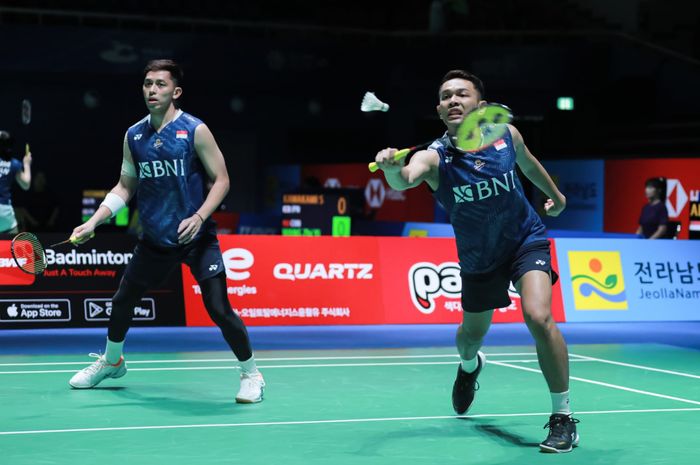 Pasangan ganda putra Indonesia,  Fajar ALFIAN/Muhammad Rian ARDIANTO, saat tampil pada Korea Open 2023 di Jinnan Stadium, Yeosu, Korea Selatan, Kamis, 20 Juli 2023