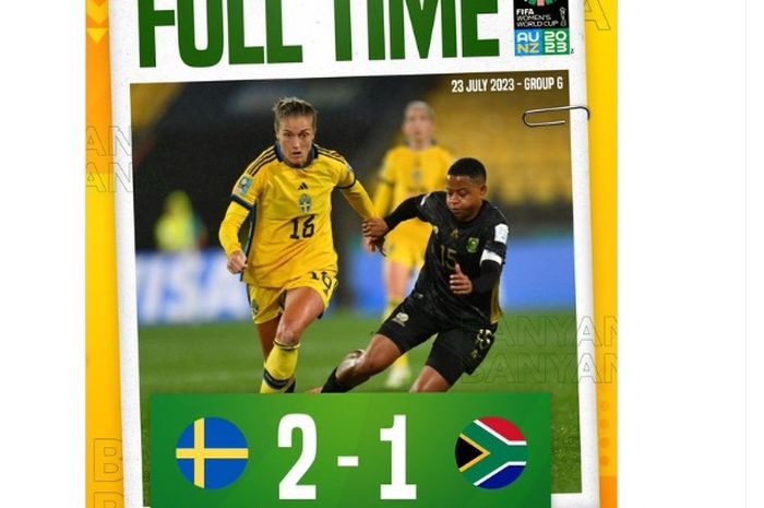 Laga Swedia vs Afrika Selatan di Grup G Piala Dunia Wanita 2023, Minggu (23/7/2023) di Wellington, berakhir dengan skor 2-1.