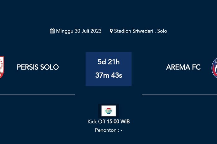 Pengumuman resmi di situs LIB tentang laga Persis Solo vs Arema FC pada 30 Juli 2023