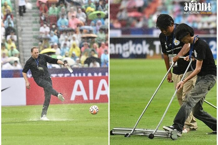 Lapangan Stadion Rajamangala di Thailand tergenang air.