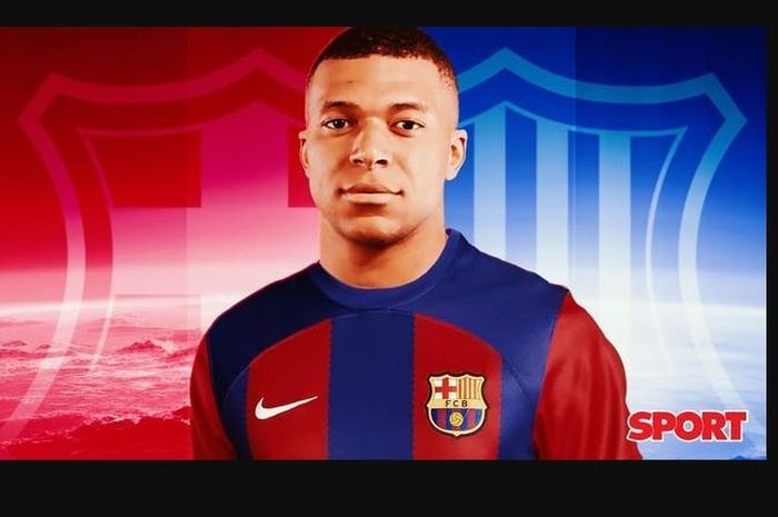 Foto ilustrasi Kylian Mbappe dengan kostum Barcelona di laman Sport.es yang naik setelah muncul rumor El Barca tertarik dengan bomber PSG tersebut (24/7/2023).